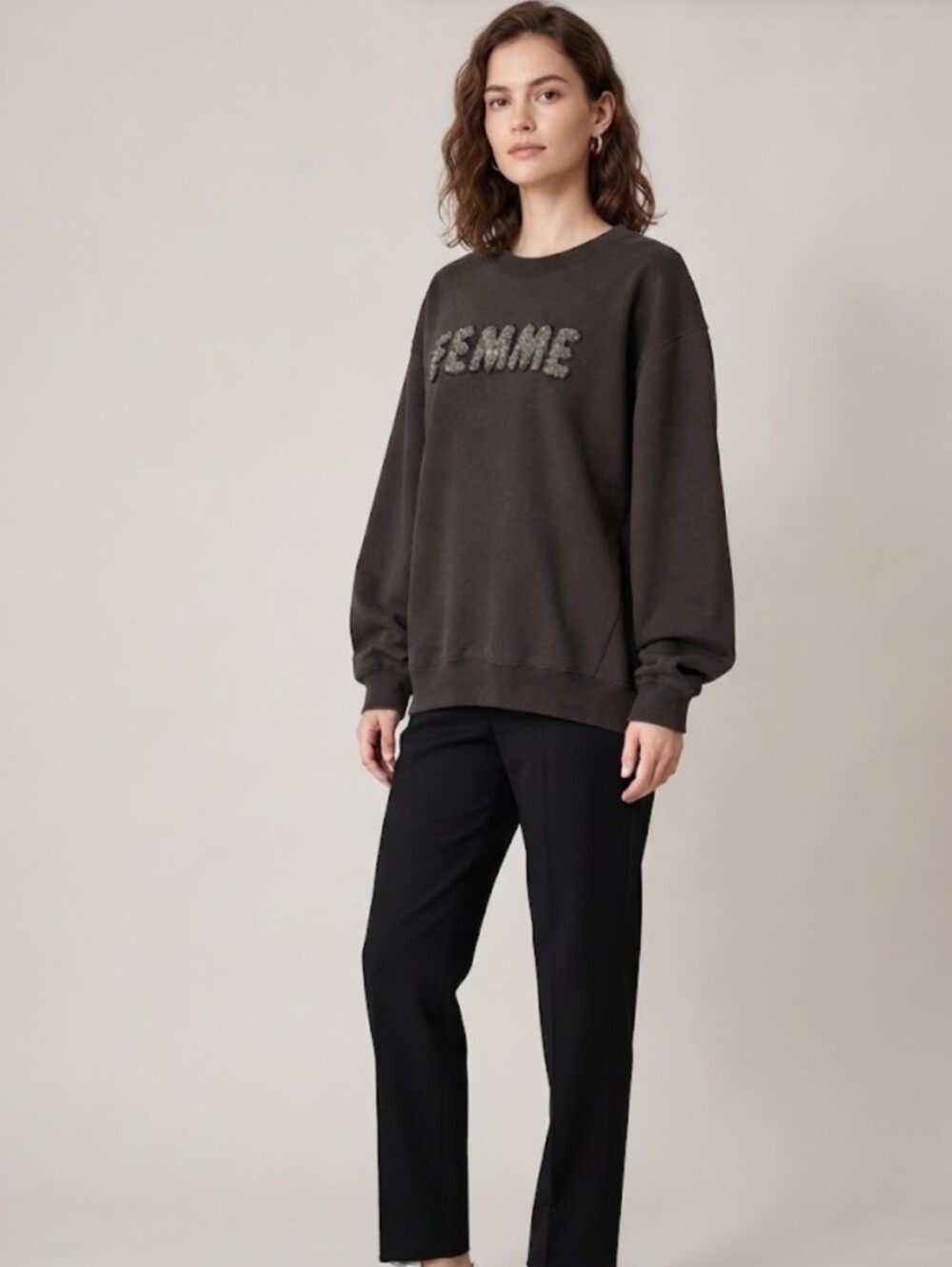 Kaffe Curve Femme Embellished Oversized Sweatshirt Brown Size L 50/52